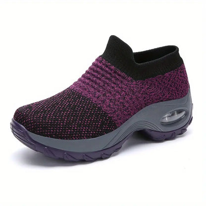 Women's Knit Sneakers - Breathable, Slip-On, Air Cushion, Comfortable for Running & Walking