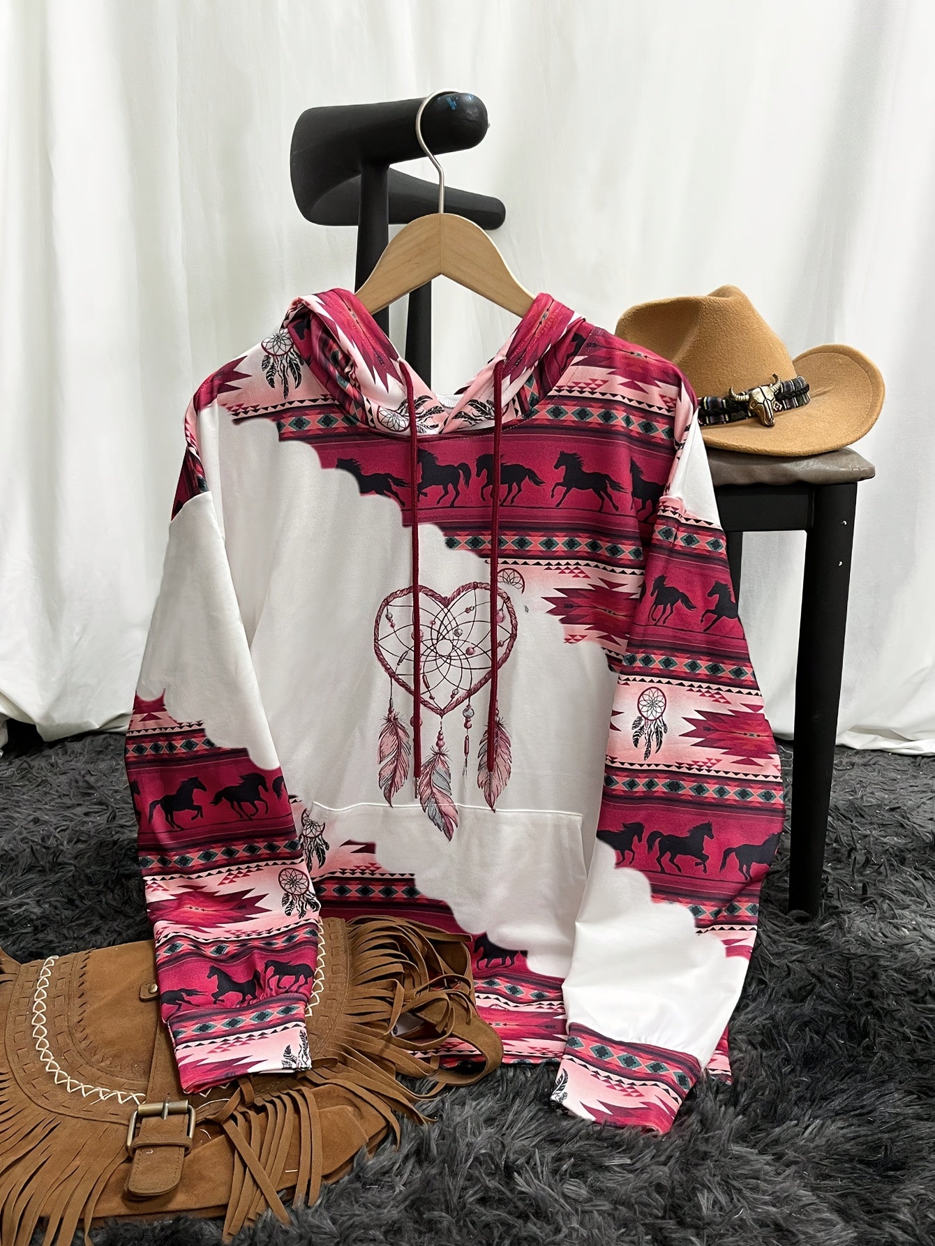 1pc Vintage Bohemian Dreamcatcher Print Women'S Hoodie, Casual Round Neck Pullover with Drawstring, Polyester Knit Fabric, Geometric Pattern, All Seasons