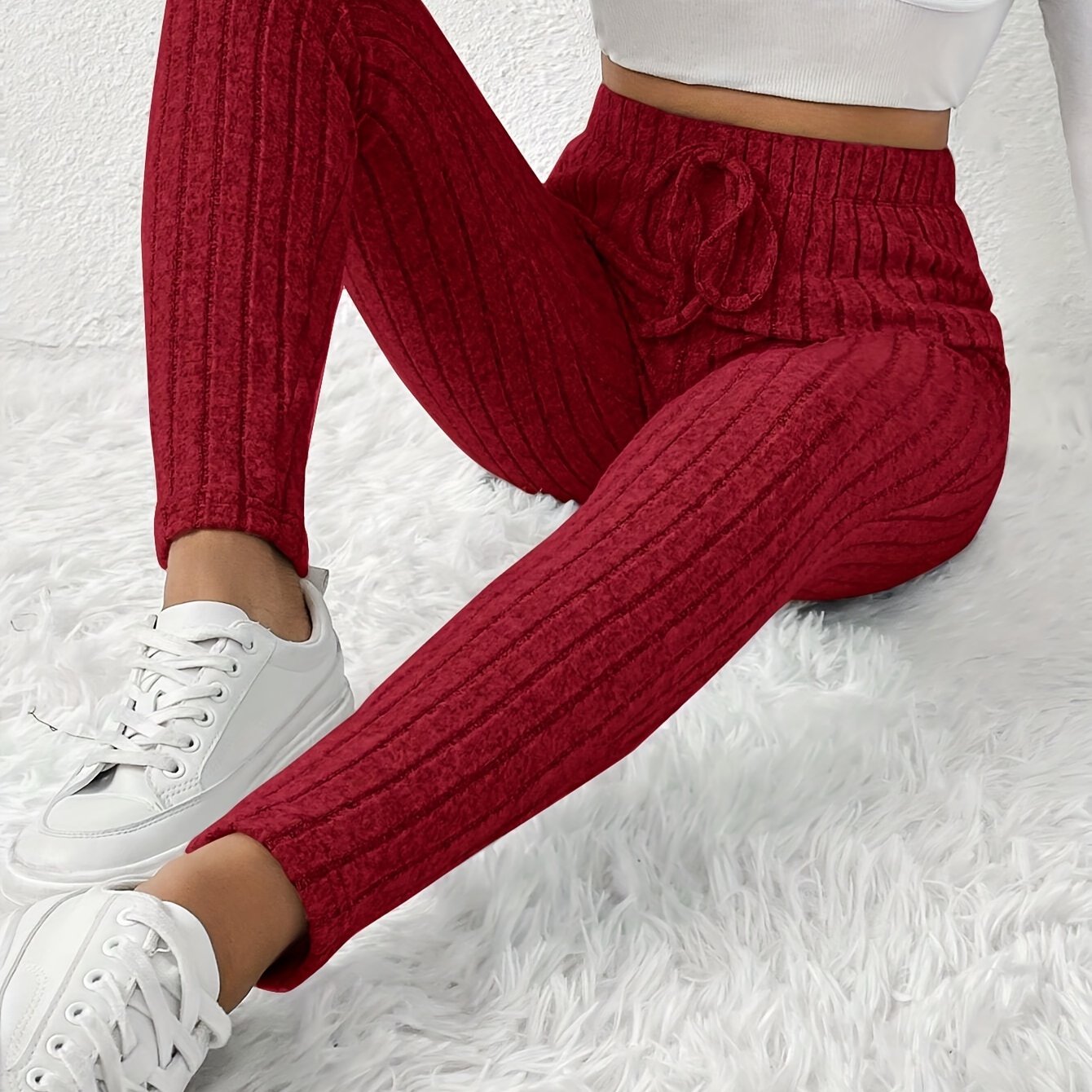 Elegant High-Waist Ribbed Skinny Pants for Women - Stretchy, Slim Fit with Elastic Waistband, Perfect for Fall/Winter