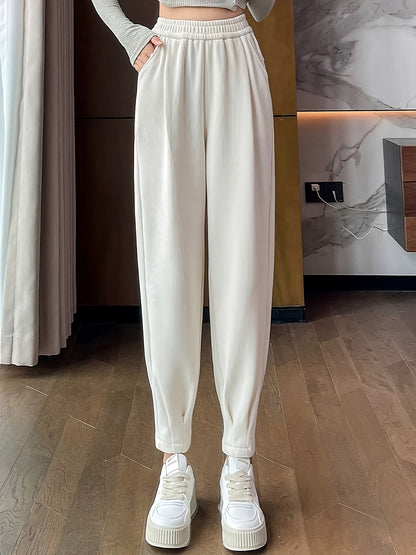 Cozy Fleece-Lined Chenille Joggers for Women - Casual White Sweatpants with Elastic Waist, Perfect for Fall/Winter