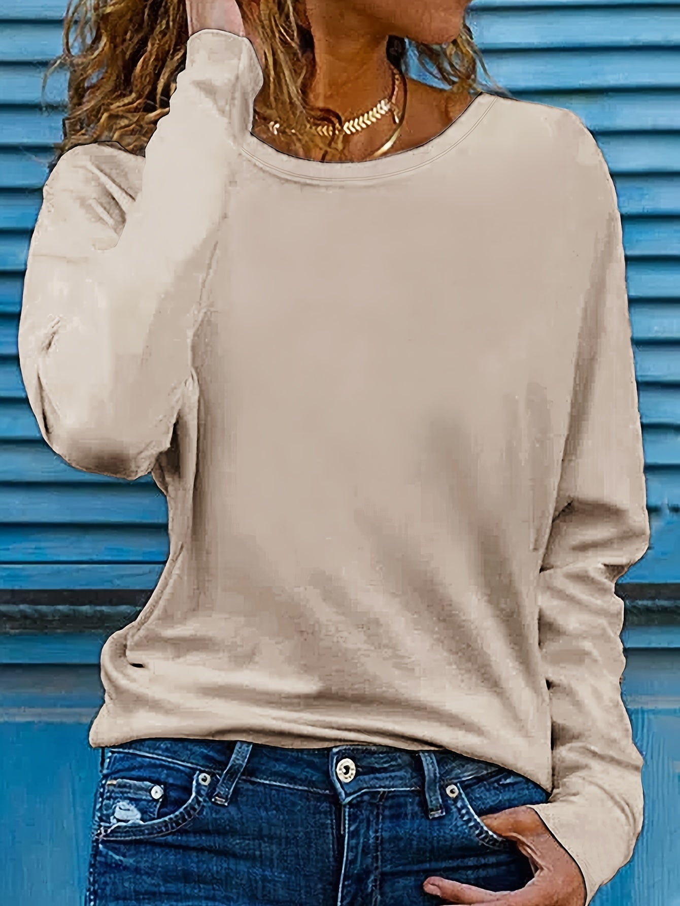 Solid Color T-shirt, Long Sleeve Crew Neck, Casual Top for Fall & Spring.