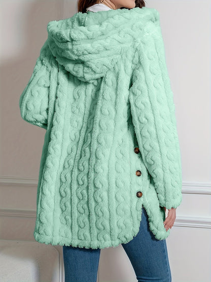 Elegant Knit Fur-Like Coat with Hood and Double Buttons - Adult Size - Spring/Autumn Season - Polyester Fiber Material