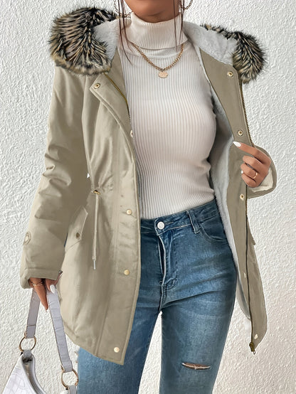 Zip-up Fuzzy Trim Hoodie Coat, Casual Faux Fur Lined, Drawstring Waist