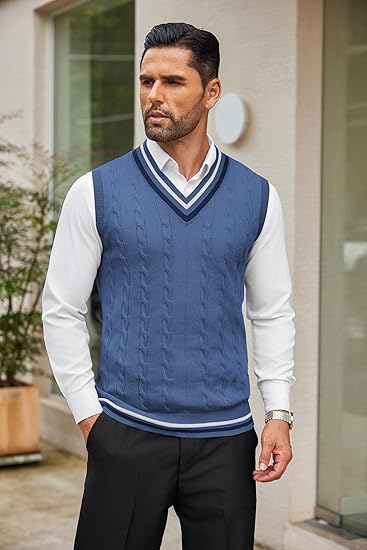 Men's V-Neck Sleeveless Knit Sweater Vest, Casual Spring & Autumn Top