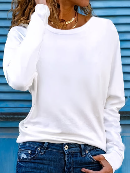 Solid Color T-shirt, Long Sleeve Crew Neck, Casual Top for Fall & Spring.