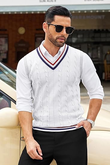 Men's V-Neck Sleeveless Knit Sweater Vest, Casual Spring & Autumn Top