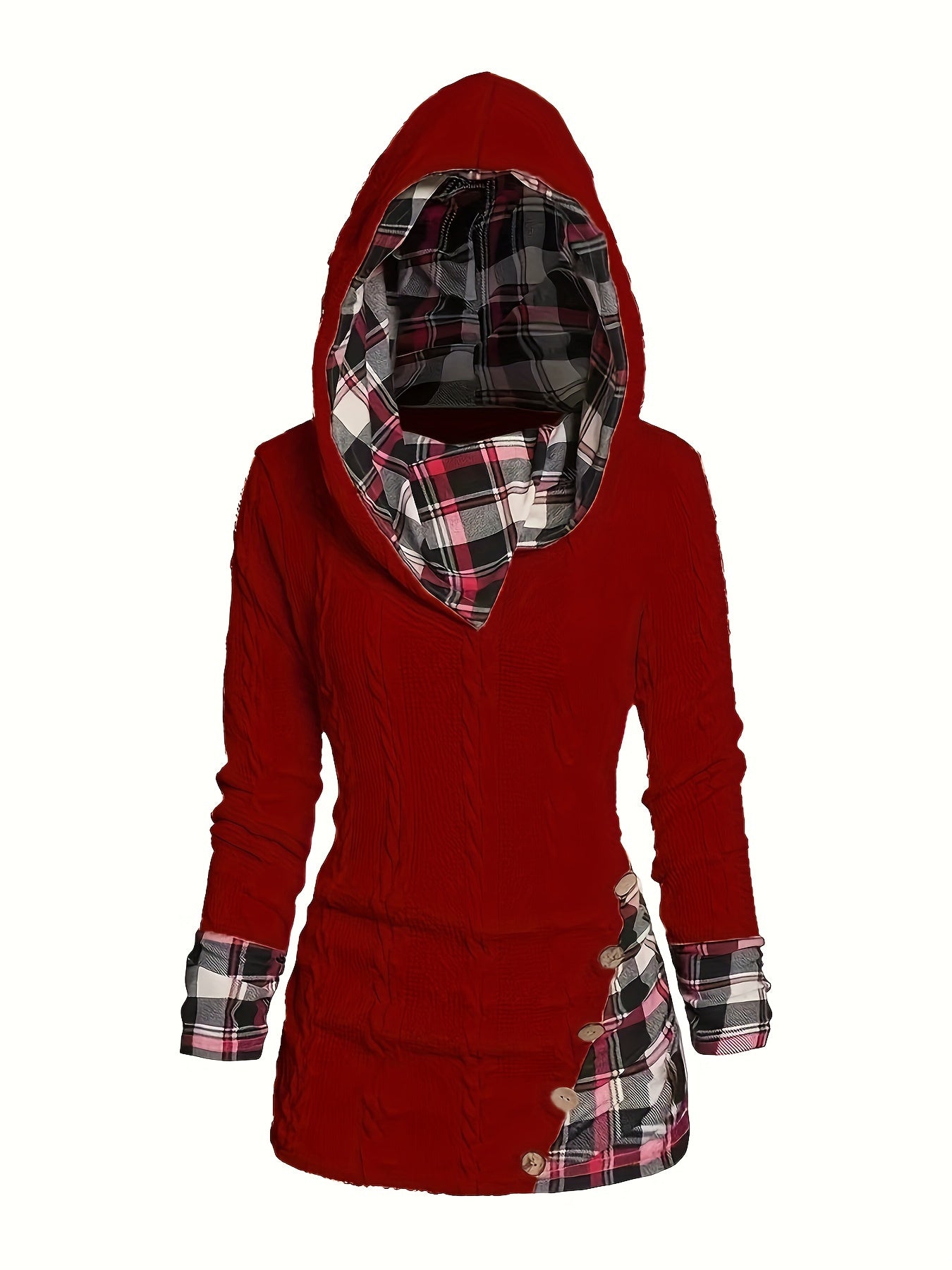 Plaid Splicing Button Decor Cable Hooded Sweater, Casual Long Sleeve Sweater, Women's Clothing