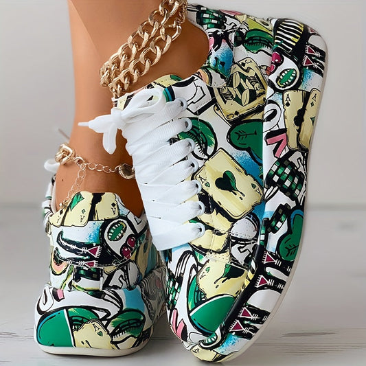 Women's Graffiti Print Sports Shoes, Fashion Lace Up Low Top Platform Sneakers, Casual Skate Shoes