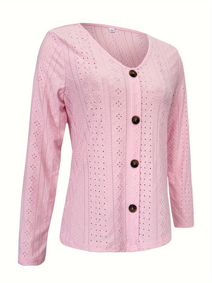 Eyelet Button Front T-Shirt, Casual V-Neck, Long Sleeve for Spring & Fall.