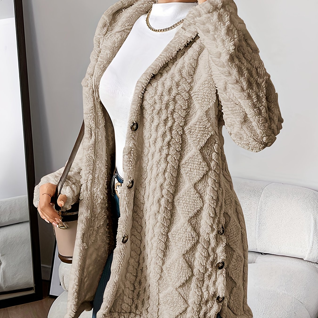 Beige Quilted Faux Fur Hooded Cardigan, Cozy Button Front Outerwear