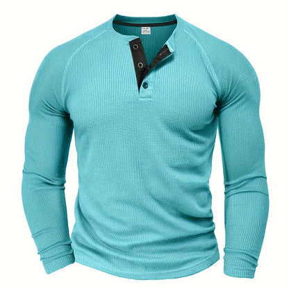 Men's Solid Henley Shirt, Long Sleeve, Crew Neck, Half Button