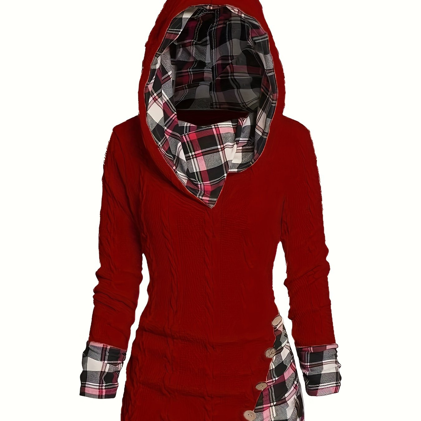 Plaid Cable Knit Hooded Sweater, Button Detail, Casual Long Sleeve