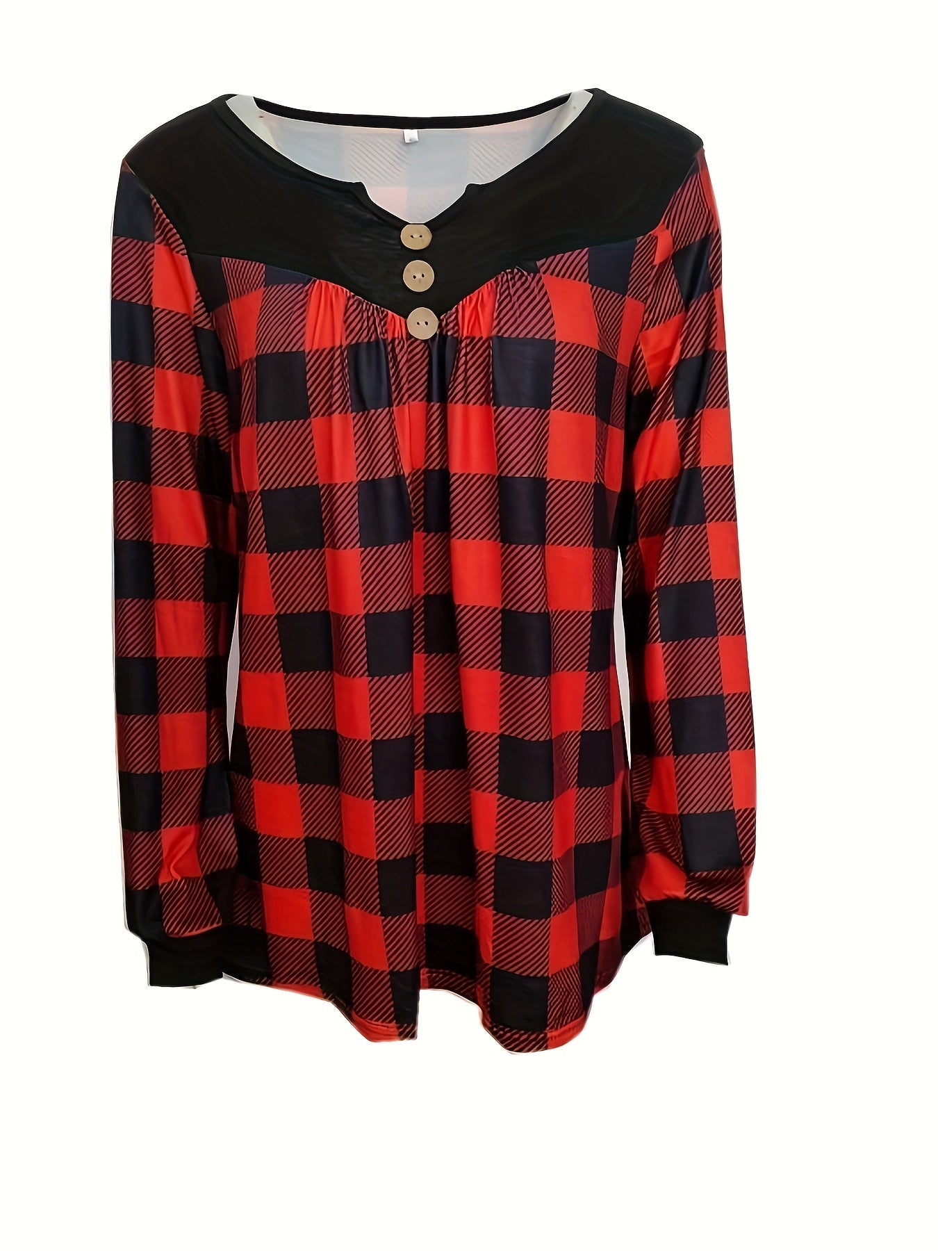 Plaid V-Neck T-Shirt for Women, Boho Style, Long Sleeves.