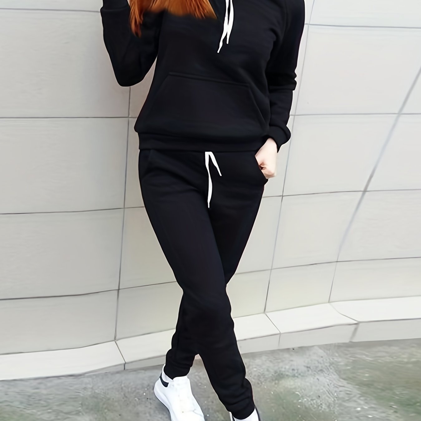 Casual Solid Two-piece Set, Kangaroo Pocket Hoodie & Drawstring Pants Outfits, Women's Clothing