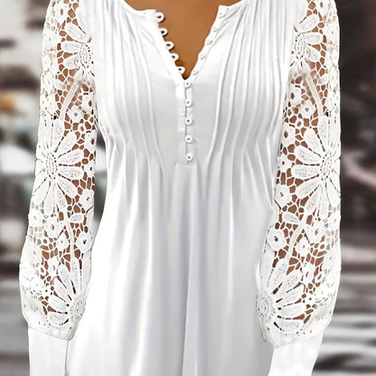 Lace Contrast Pleated Front T-Shirt, Button V-Neck, Casual Long Sleeve Top.