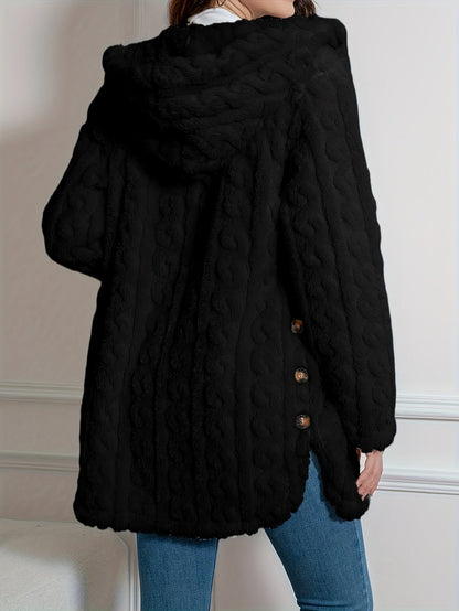 Elegant Knit Fur-Like Coat with Hood and Double Buttons - Adult Size - Spring/Autumn Season - Polyester Fiber Material