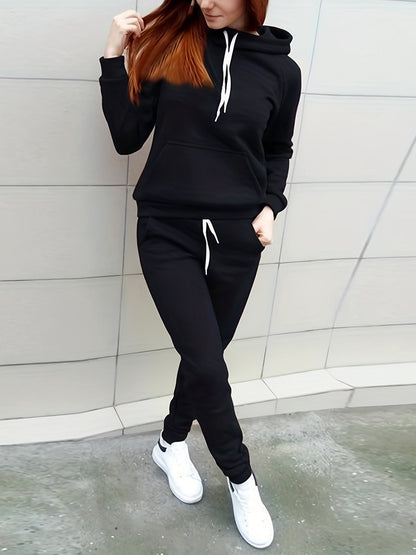 Casual Solid Two-piece Set, Kangaroo Pocket Hoodie & Drawstring Pants Outfits, Women's Clothing