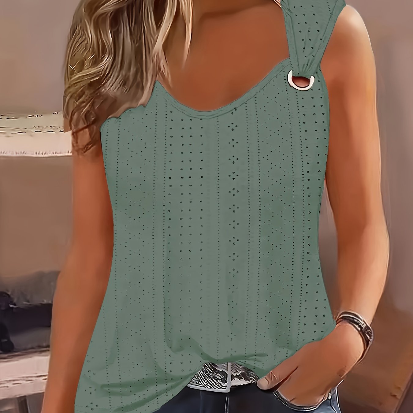 Eyelet Solid Tank Top, Casual Sleeveless for Summer.