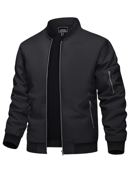 Men's Bomber Jackets Lightweight Casual Spring Fall Windbreaker Zipper Coat With Multi-Pockets Classic Pilot Jackets With Thermal Fabric Soft Warm Solid Color Stand Collar Athletic Jackets For Dating Running Party Working And Daily Wear