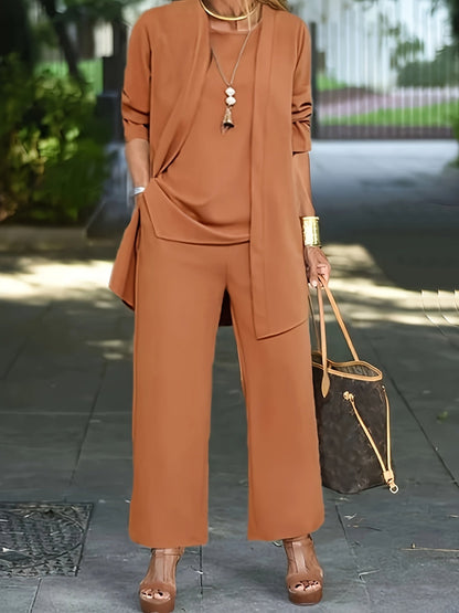 Casual Three-piece Solid Set, Long Sleeve Cardigan & Top & Long Pants Outfits, Women's Clothing