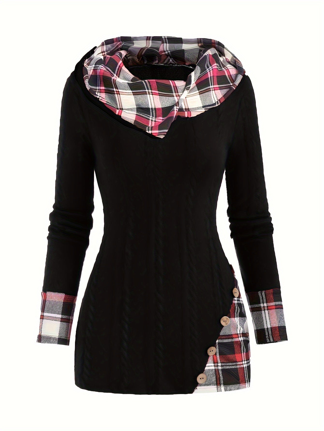 Plaid Splicing Button Decor Cable Hooded Sweater, Casual Long Sleeve Sweater, Women's Clothing