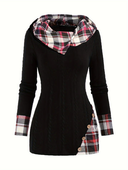 Plaid Cable Knit Hooded Sweater, Button Detail, Casual Long Sleeve