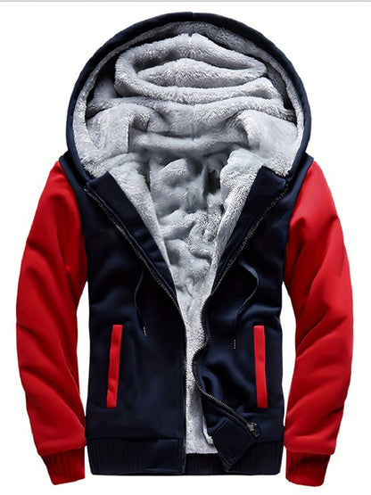 Men's Fleece Hooded Jacket, Casual Color Block Coat for Fall/Winter