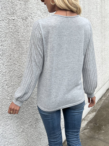 Solid Ribbed V-Neck Long Sleeve T-Shirt, Elegant and Comfortable.