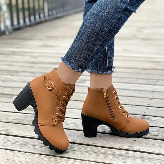 Chunky Heeled Women's Ankle Boots, Solid Color, Side Zipper Beer Festival Dress Shoes