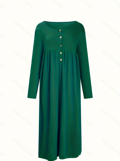 Button Front Midi Dress, Long Sleeve with Pockets & Ruffle Hem.