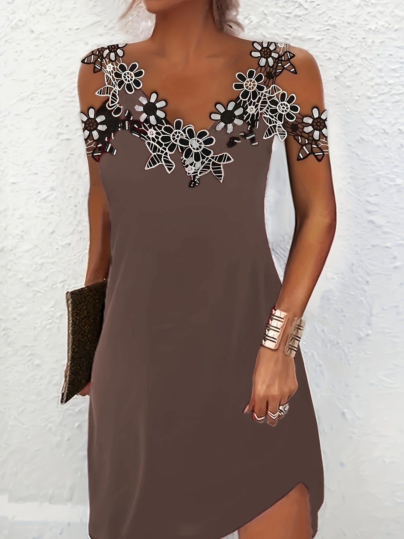 Floral Applique Dress, Casual V Neck Cold Shoulder Dress, Women's Clothing For Party Dressing