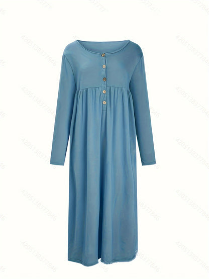 Button Front Midi Dress, Long Sleeve with Pockets & Ruffle Hem.