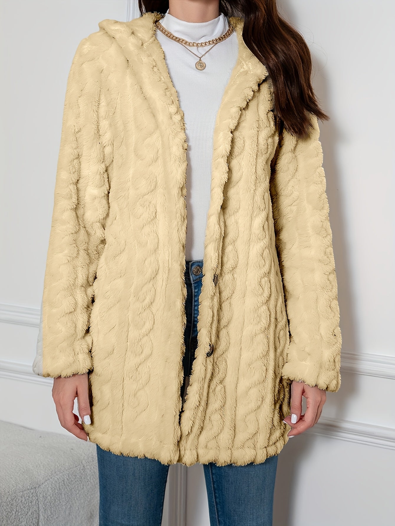 Elegant Knit Fur-Like Coat with Hood and Double Buttons - Adult Size - Spring/Autumn Season - Polyester Fiber Material