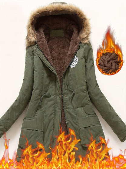 Winter Warmth Hooded Jacket - Thick Fleece-Lined, Zip-Up, Casual Cargo Style with Large Fur Collar, Machine Washable