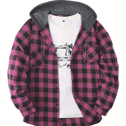 Plaid Shirt Coat For Men Long Sleeve Casual Regular Fit Button Up Hooded Shirts Jacket