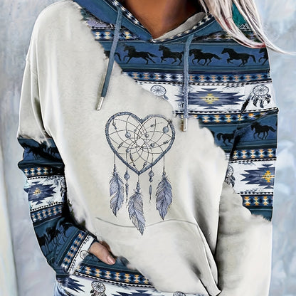 1pc Vintage Bohemian Dreamcatcher Print Women'S Hoodie, Casual Round Neck Pullover with Drawstring, Polyester Knit Fabric, Geometric Pattern, All Seasons