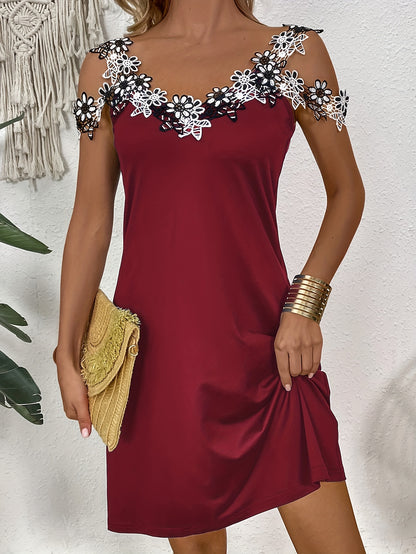 Floral Applique Dress, Casual V Neck Cold Shoulder Dress, Women's Clothing For Party Dressing