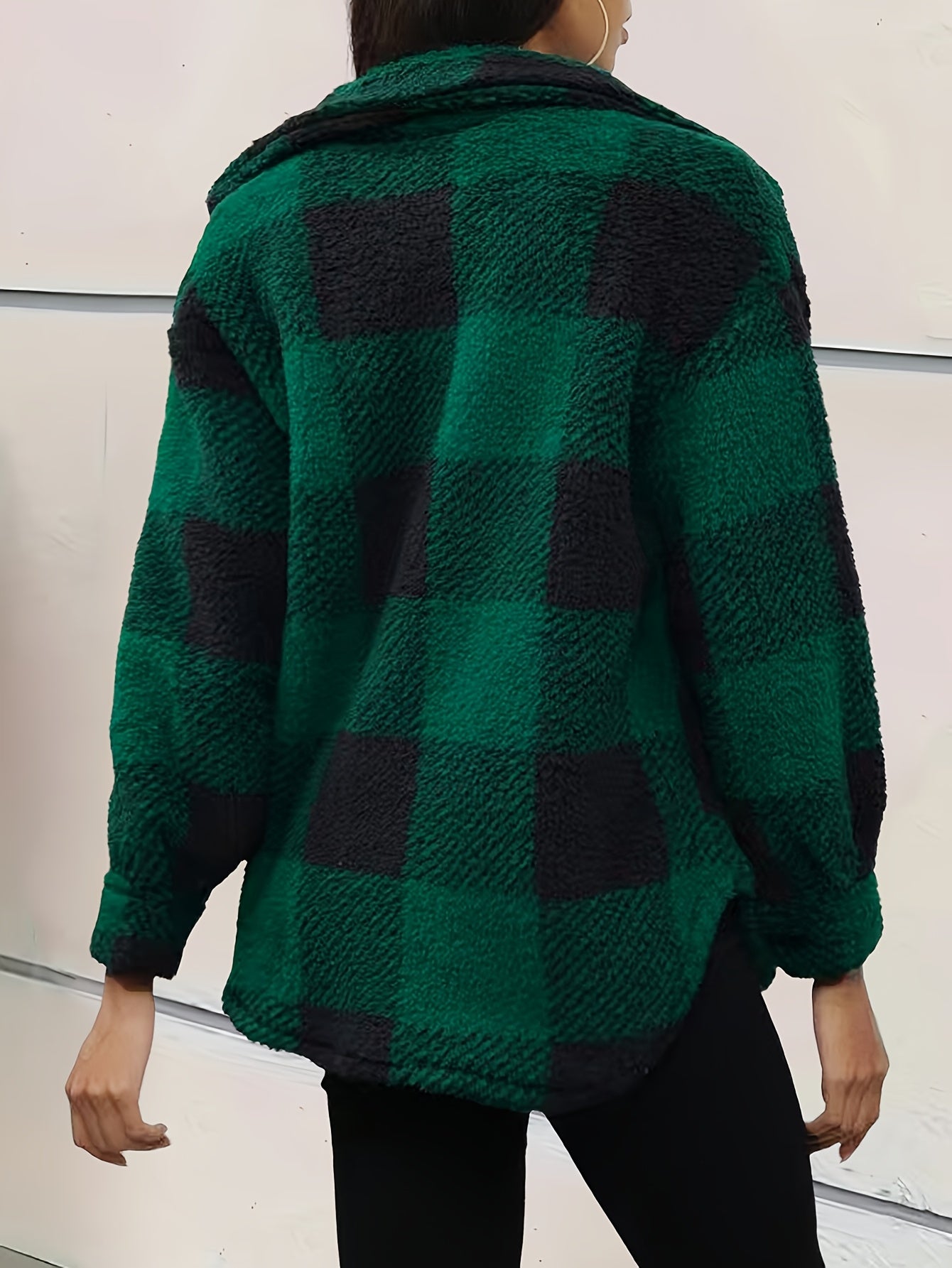 Plaid Pattern Button Front Fuzzy Coat, Elegant Long Sleeve Warm Outerwear For Fall & Winter, Women's Clothing