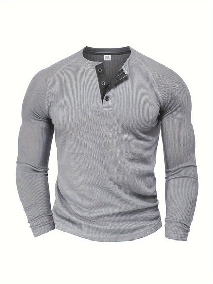 Men's Solid Henley Shirt, Long Sleeve, Crew Neck, Half Button