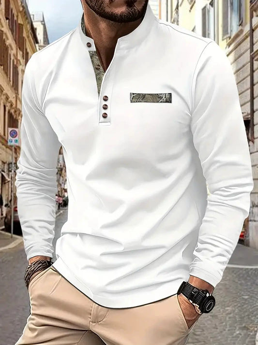 Men's Casual Henley Shirt - Stand Collar, Long Sleeve, Button Detail, Stretch Fabric