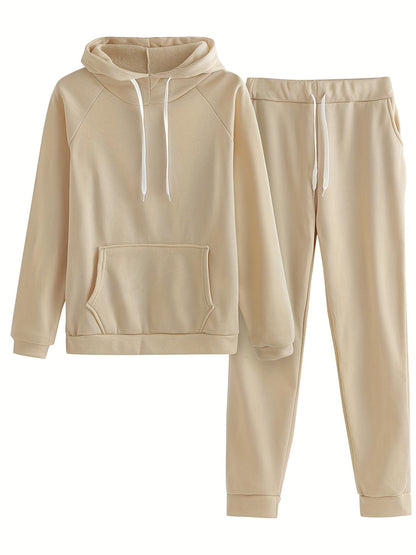 Casual Solid Two-piece Set, Kangaroo Pocket Hoodie & Drawstring Pants Outfits, Women's Clothing