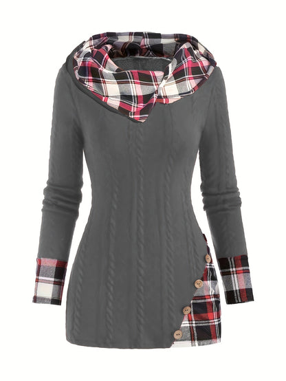 Plaid Cable Knit Hooded Sweater, Button Detail, Casual Long Sleeve