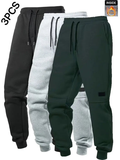 3pcs Men's Casual Solid Color Joggers, Men's Drawstring Pants With Pockets For Sport And Casual Wear-1