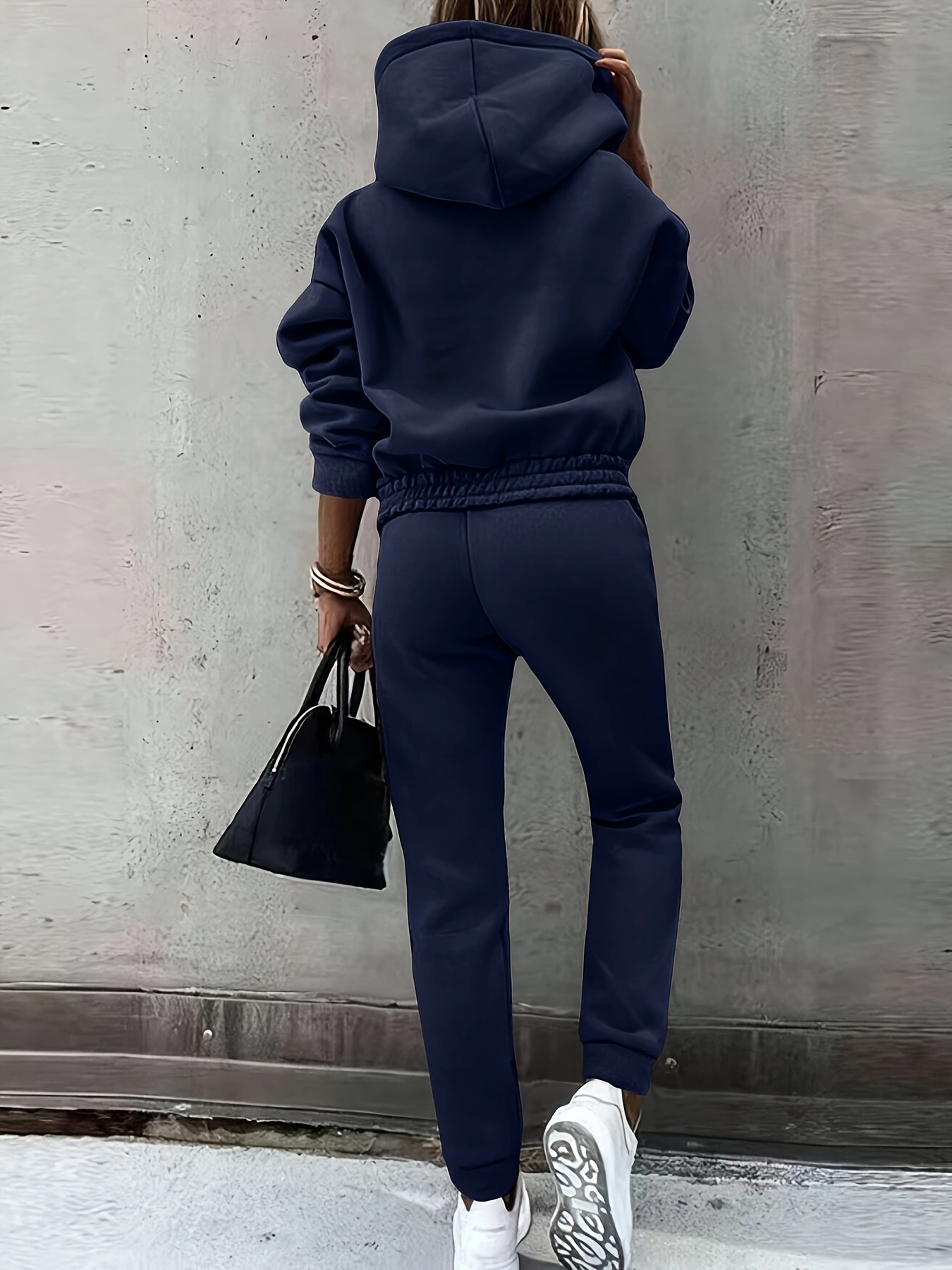 Casual Solid Color Sweatpants Set, Long Sleeve Hoodie Sweatshirt & Drawstring Jogger Pants Outfits, Women's Clothing