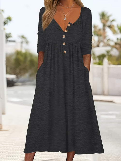 Button Front Midi Dress, Long Sleeve with Pockets & Ruffle Hem.