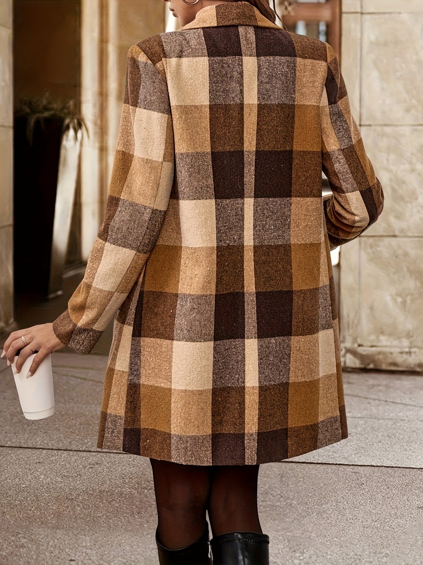 Plaid Long Sleeve Trench Coat for Women - Open Front