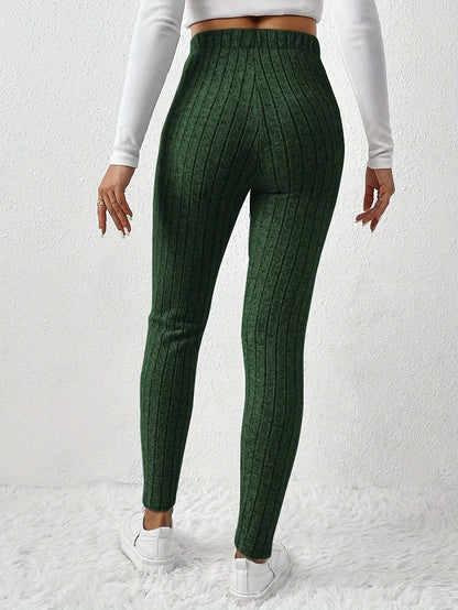 Elegant High-Waist Ribbed Skinny Pants for Women - Stretchy, Slim Fit with Elastic Waistband, Perfect for Fall/Winter