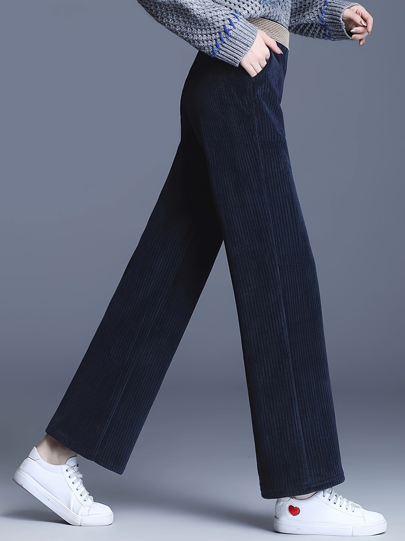 Cozy Fleece-Lined Corduroy Wide-Leg Pants for Women - High Waist, Casual Straight Cut with Pockets, Perfect for Fall/Winter, Plus Size Pants