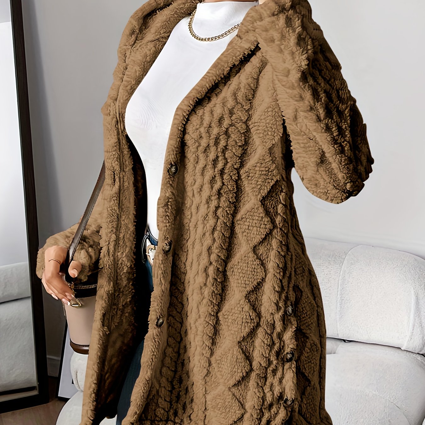 Beige Quilted Faux Fur Hooded Cardigan, Cozy Button Front Outerwear