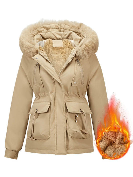 Women's Slim-Fit Winter Jacket with Detachable Faux Fur Hood, Zip Front & Pockets - Cozy Polyester, Windproof Design for Casual Outings, Thickened, Brim